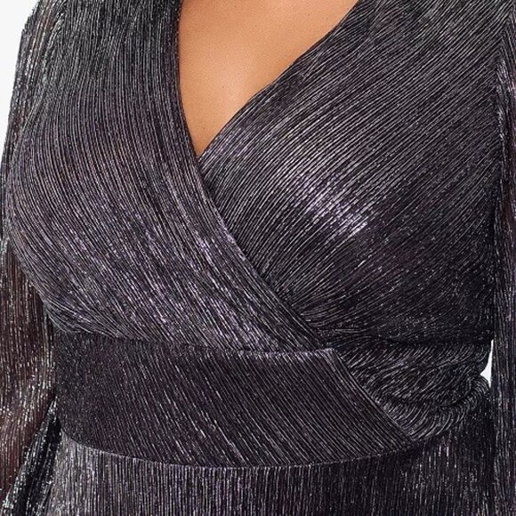 Betsy & Adam Plus Size 22W Black Metallic Long-Sleeve Wrap Cocktail Dress Gown - Picture 4 of 11